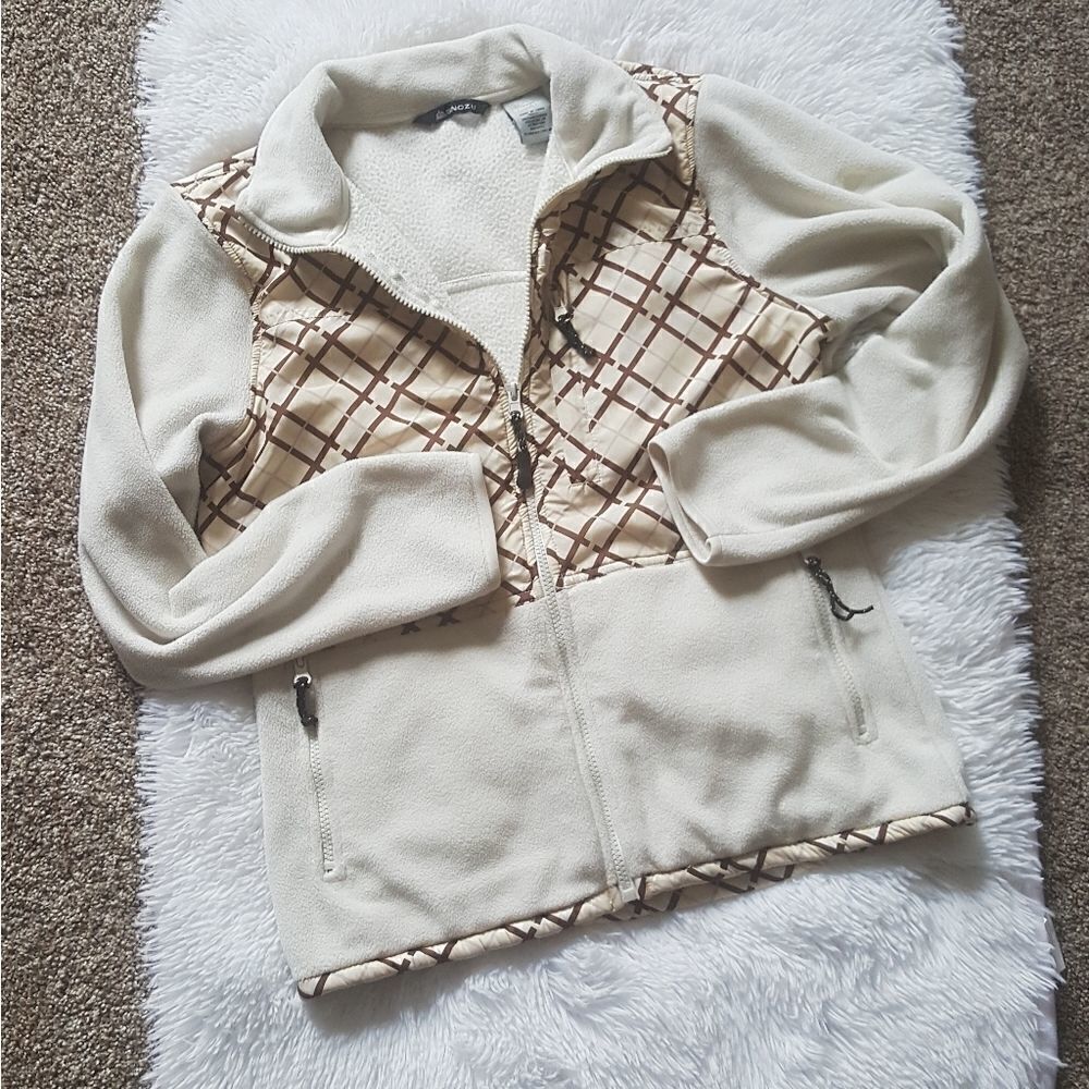 Snozu Fleece Jacket Cream and‎ Brown Zip front Zip up Pockets Size Medium